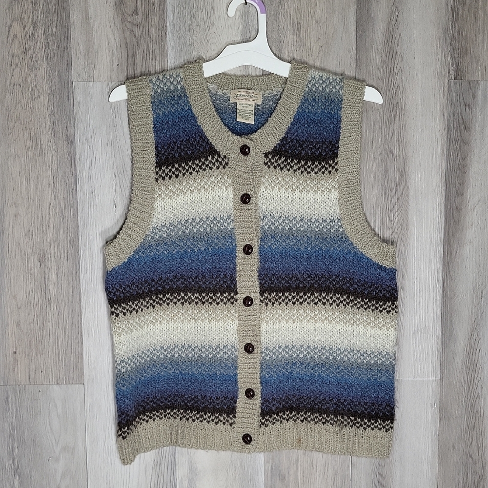 St Johns Bay Womens Large Petite Vintage Wool Sweater Vest Knit Stripe Button